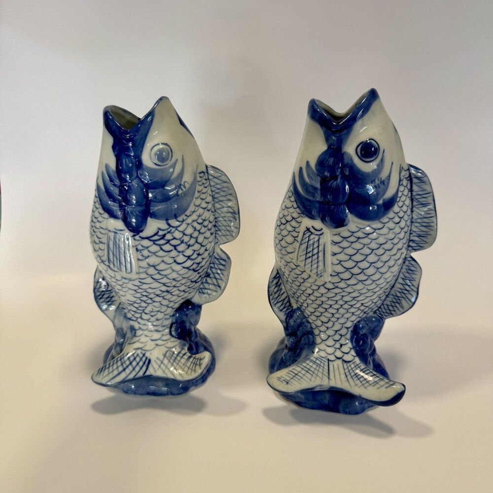 PAIR (2) - 9" Williams Sonoma Jumping Koi Fish Vase Blue White Ceramic - VINTAGE